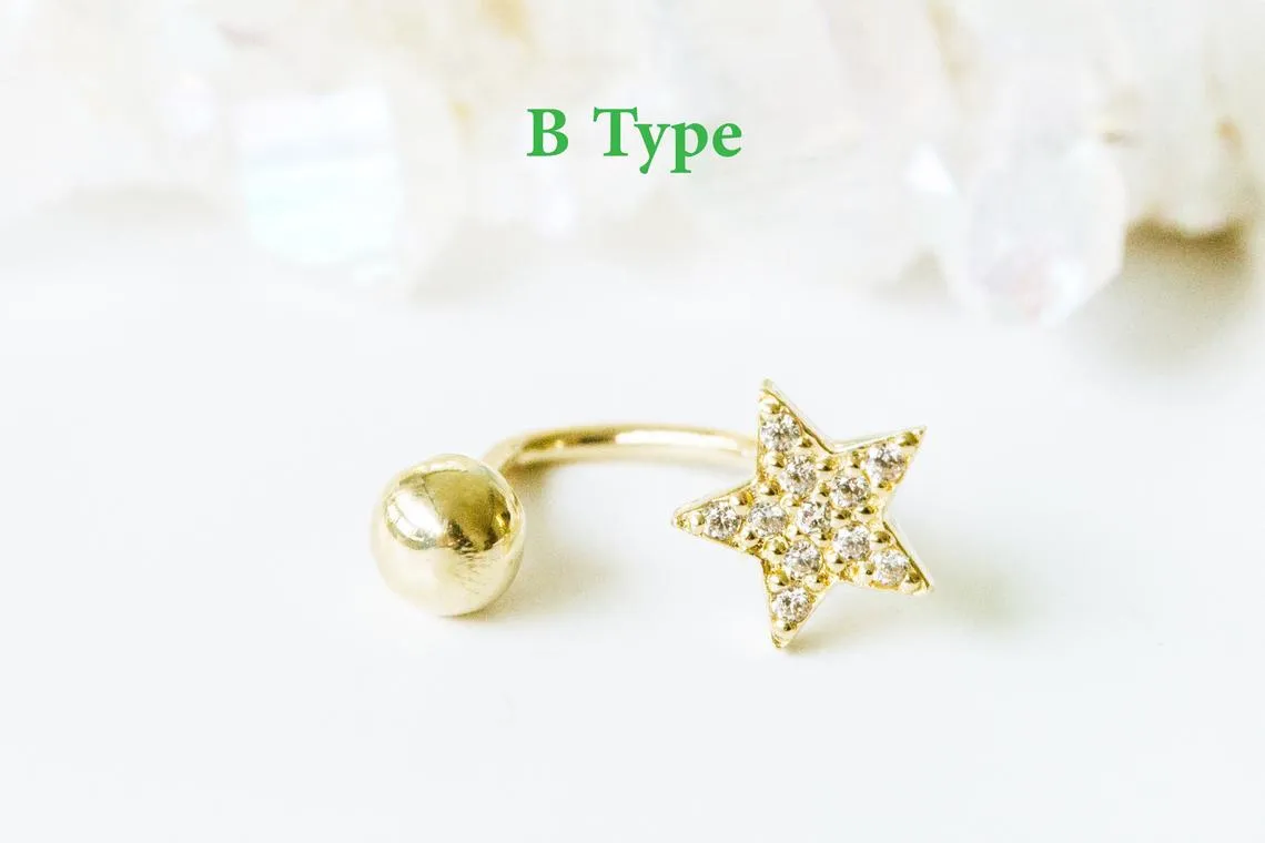 14k Gold Curved Barbell Banana Cz Star Earring Piercing