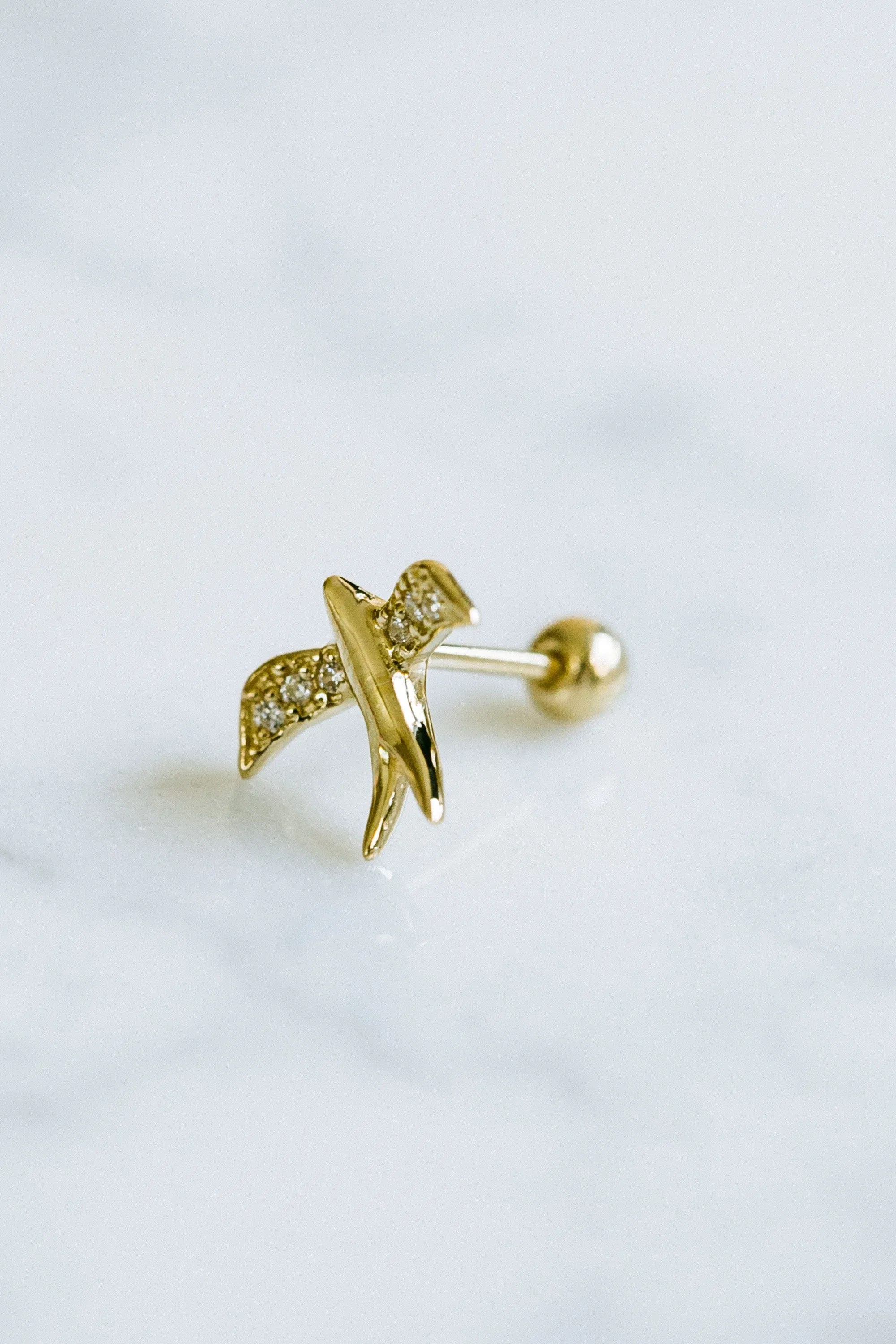 14K Solid Real Gold Cz Swallow Tail Tragus Helix Cartilage Conch Ear Post Stud Earring Barbell Piercing For Women Men Jewelry