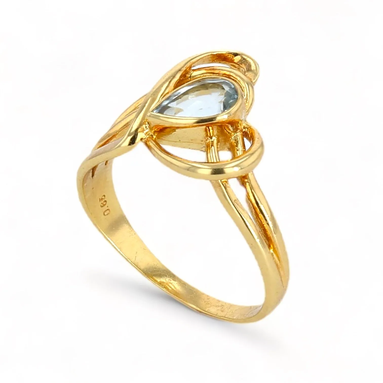 18K yellow gold 0.65CT pear natural genuine aqua marine doble heart ring-26266