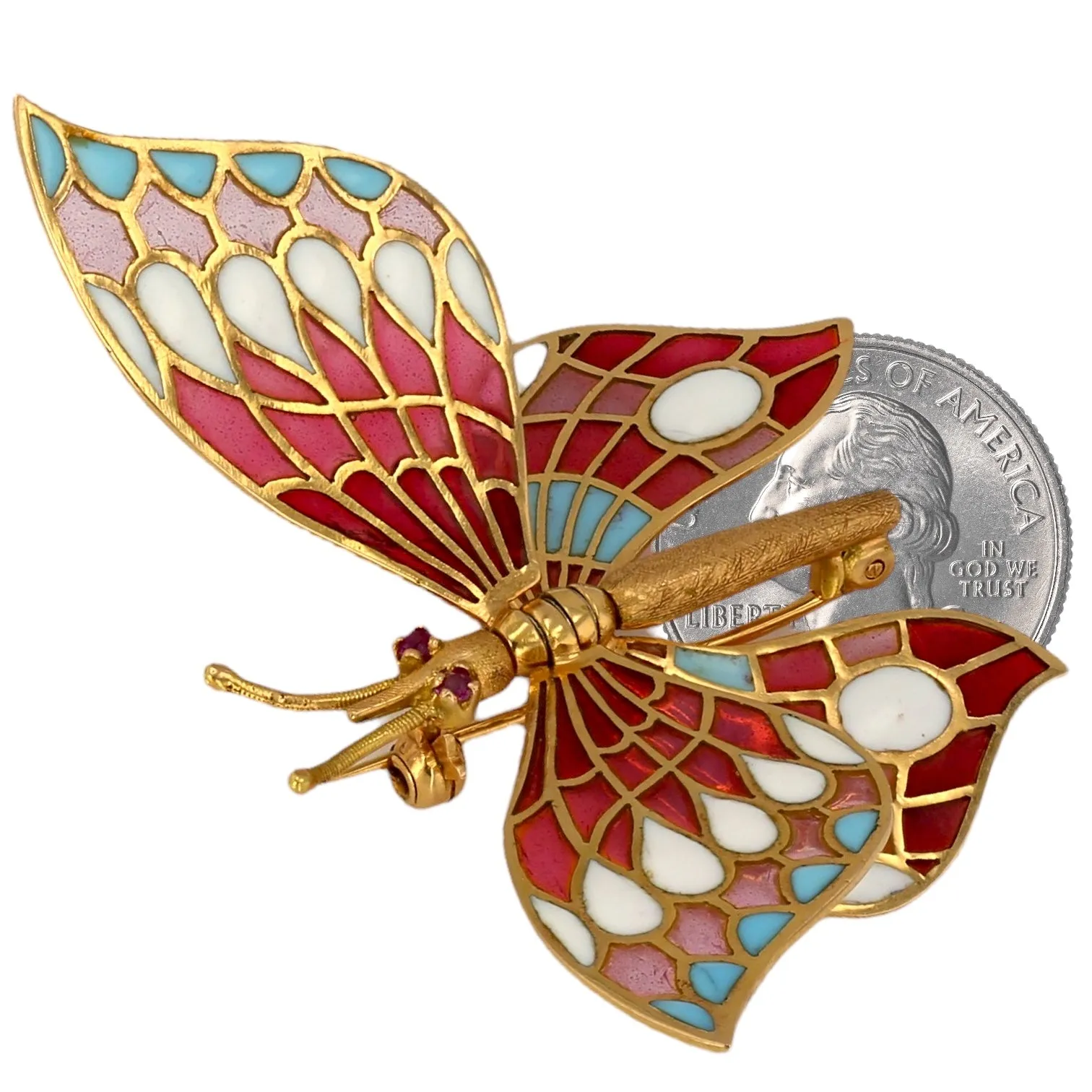 18k yellow gold and ruby hand painted butterfly pendant and brooch-56891