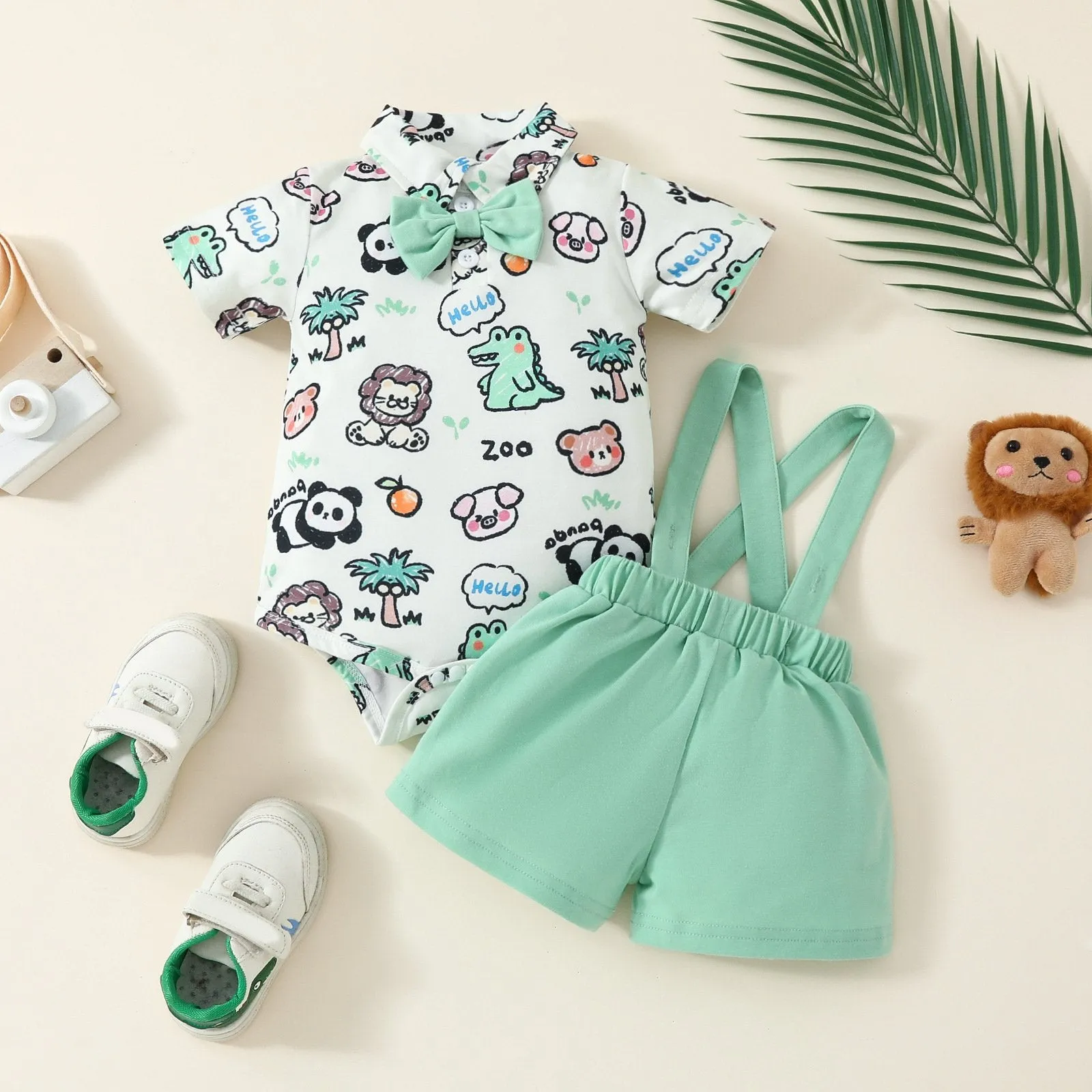 2 Pieces Set Baby Boys Dinosaur Car Cartoon Print Rompers And Solid Color Shorts Wholesale 20240415