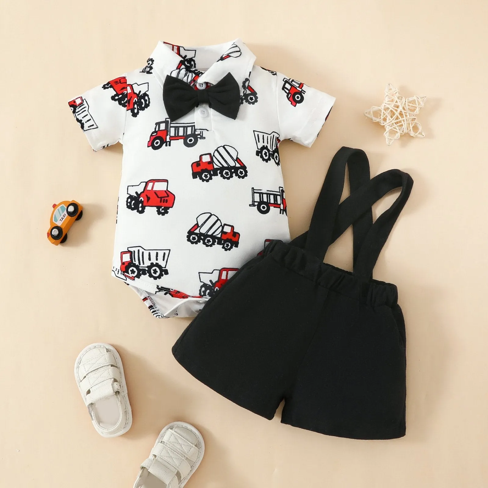 2 Pieces Set Baby Boys Dinosaur Car Cartoon Print Rompers And Solid Color Shorts Wholesale 20240415