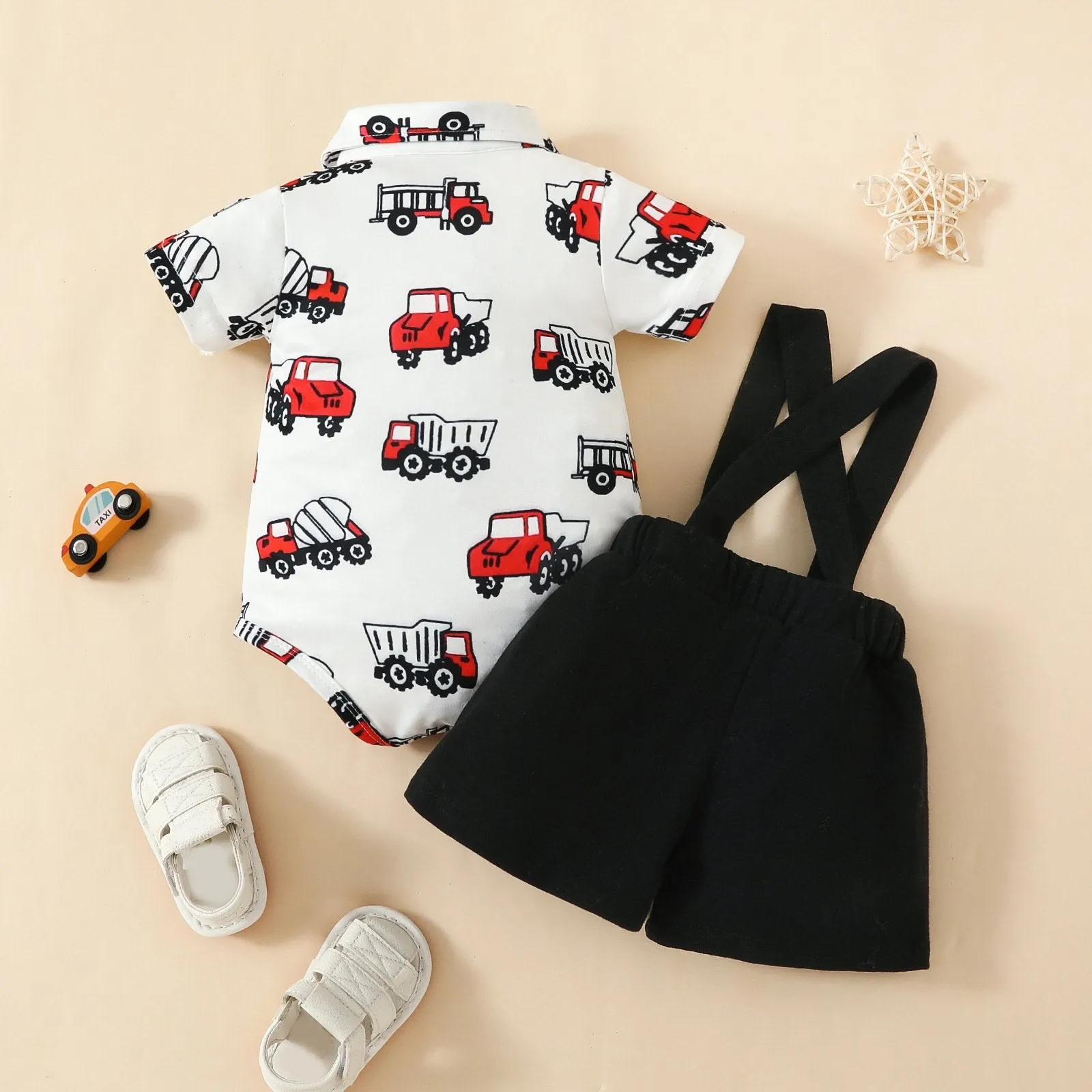 2 Pieces Set Baby Boys Dinosaur Car Cartoon Print Rompers And Solid Color Shorts Wholesale 20240415