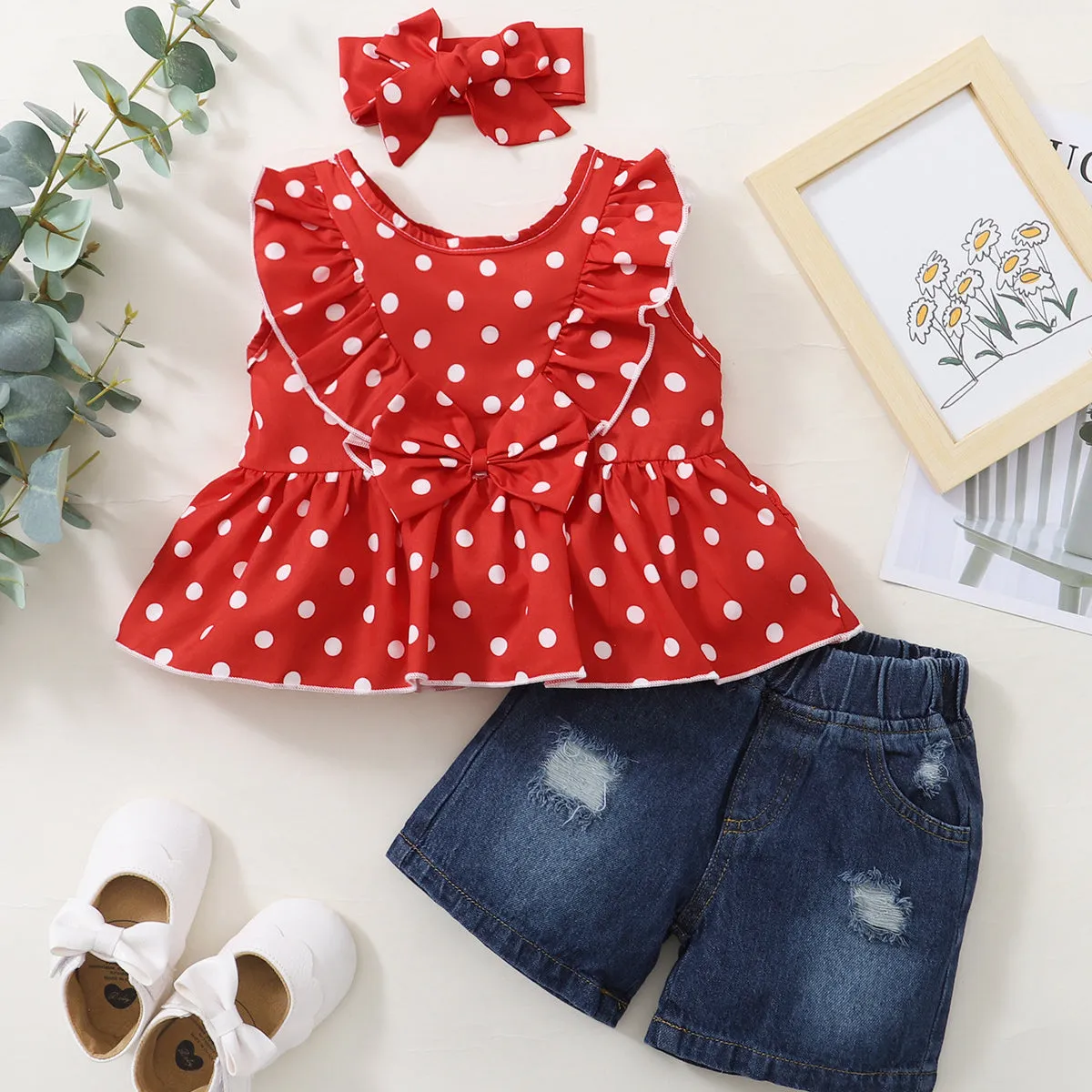 2 Pieces Set Baby Kid Girls Polka dots Tops And Ripped Shorts