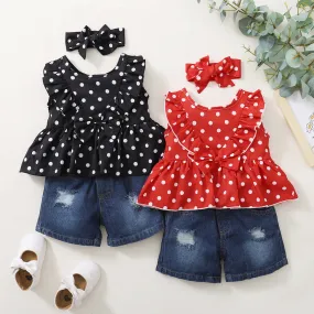 2 Pieces Set Baby Kid Girls Polka dots Tops And Ripped Shorts