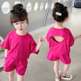 2 Pieces Set Baby Kid Girls Solid Color T-Shirts And Shorts