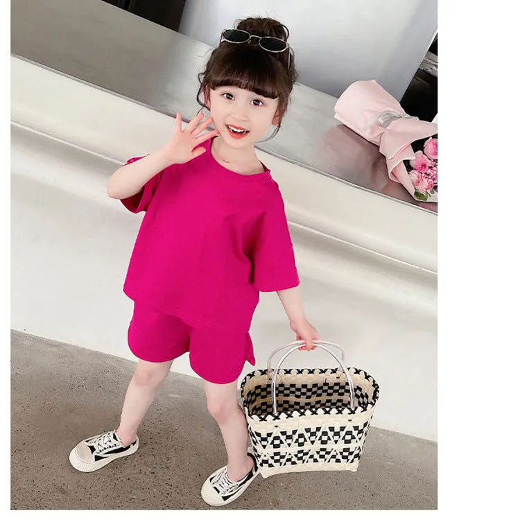 2 Pieces Set Baby Kid Girls Solid Color T-Shirts And Shorts