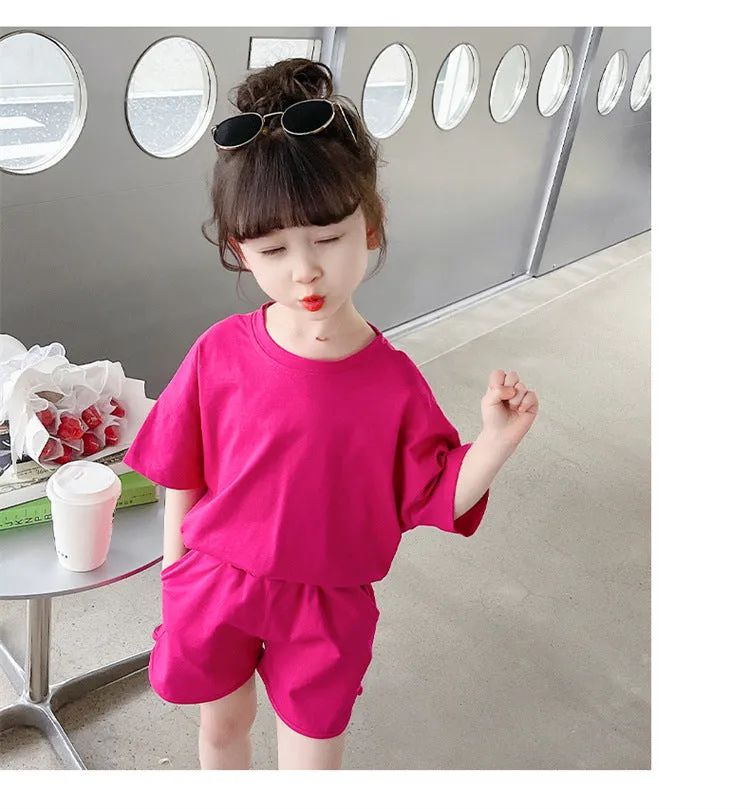 2 Pieces Set Baby Kid Girls Solid Color T-Shirts And Shorts