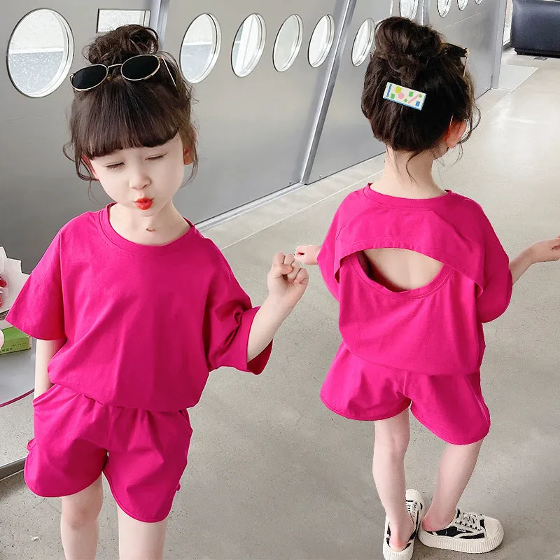 2 Pieces Set Baby Kid Girls Solid Color T-Shirts And Shorts