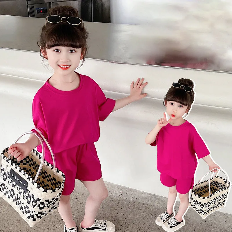 2 Pieces Set Baby Kid Girls Solid Color T-Shirts And Shorts