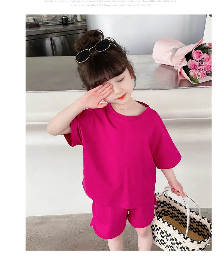 2 Pieces Set Baby Kid Girls Solid Color T-Shirts And Shorts