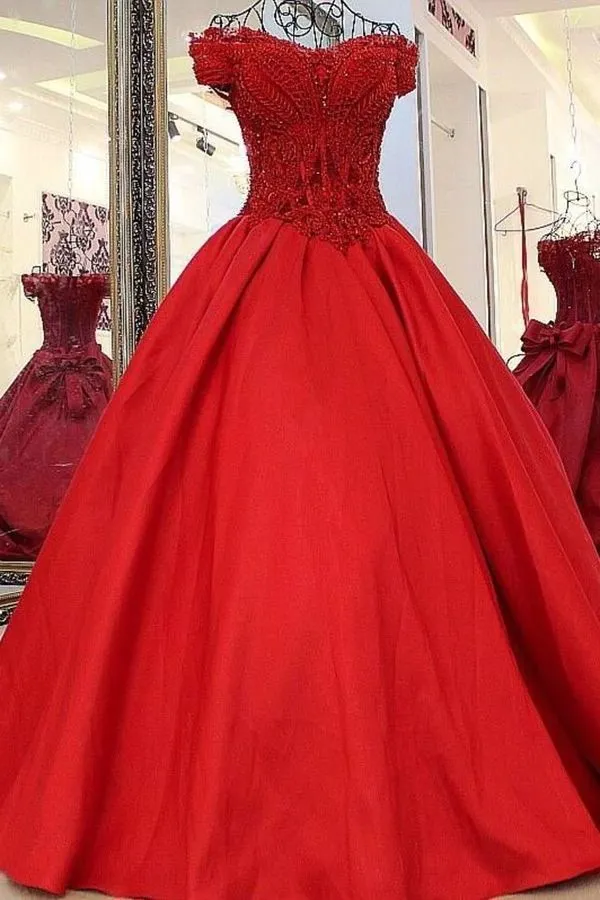 2024 Red Prom Dresses A-Line Off-The-Shoulder Satin With Beading PB5PQJYB