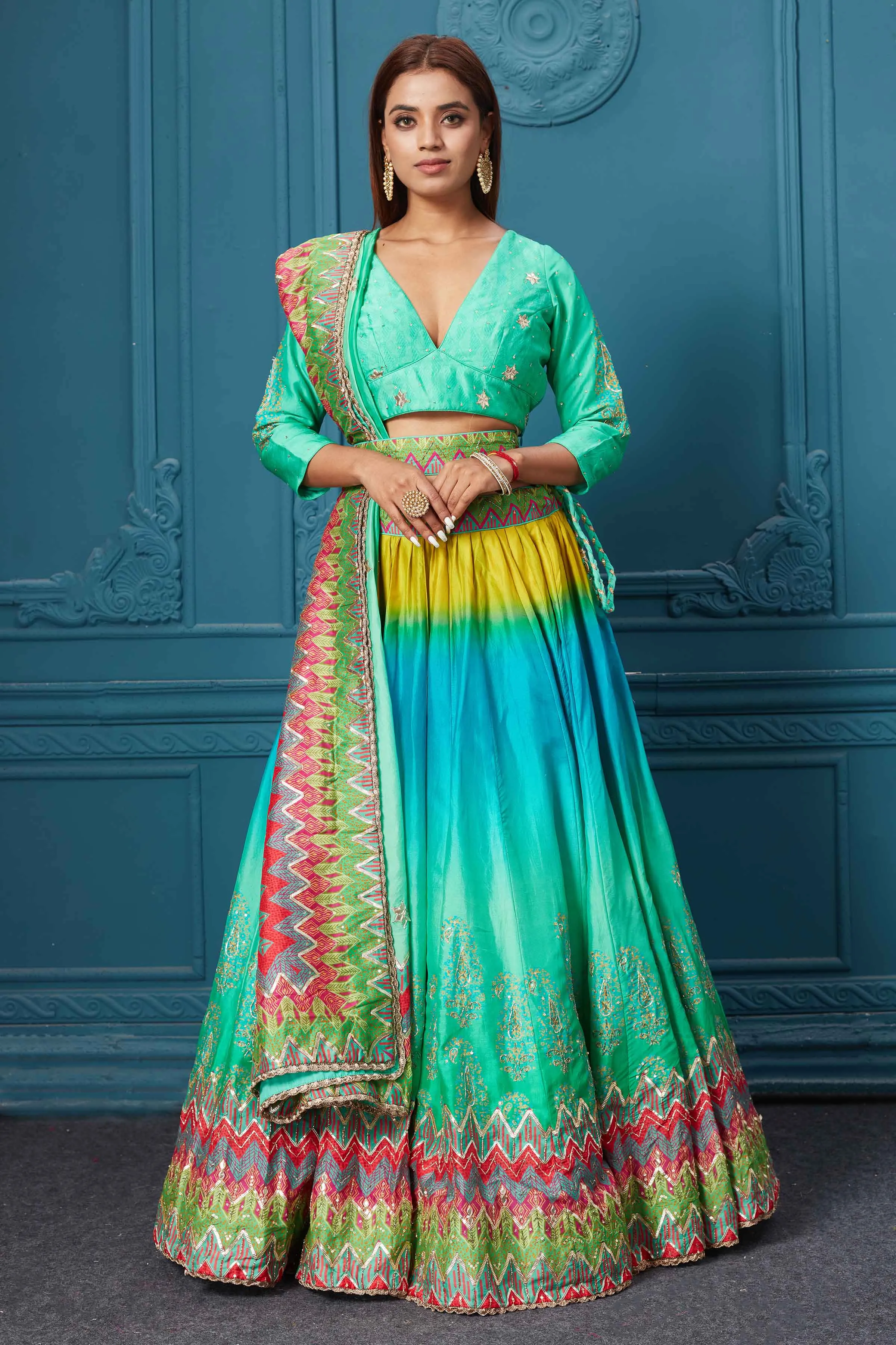 310035 Blue Multicolored Embroidered Lehenga with Belt