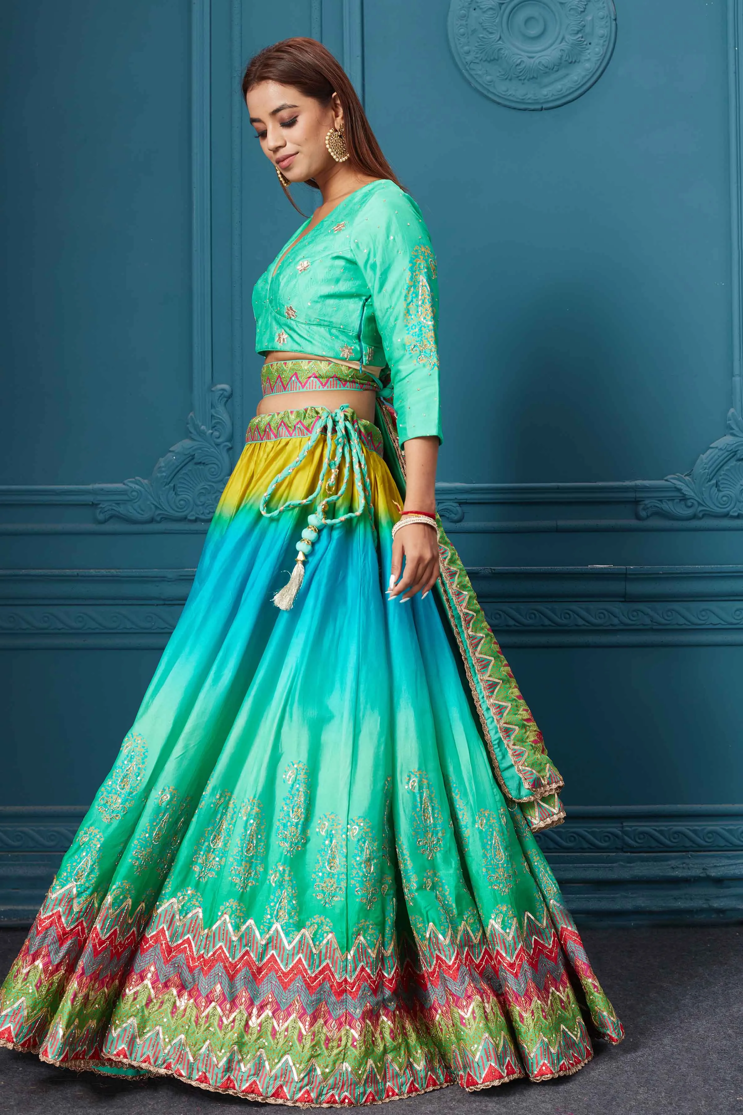 310035 Blue Multicolored Embroidered Lehenga with Belt