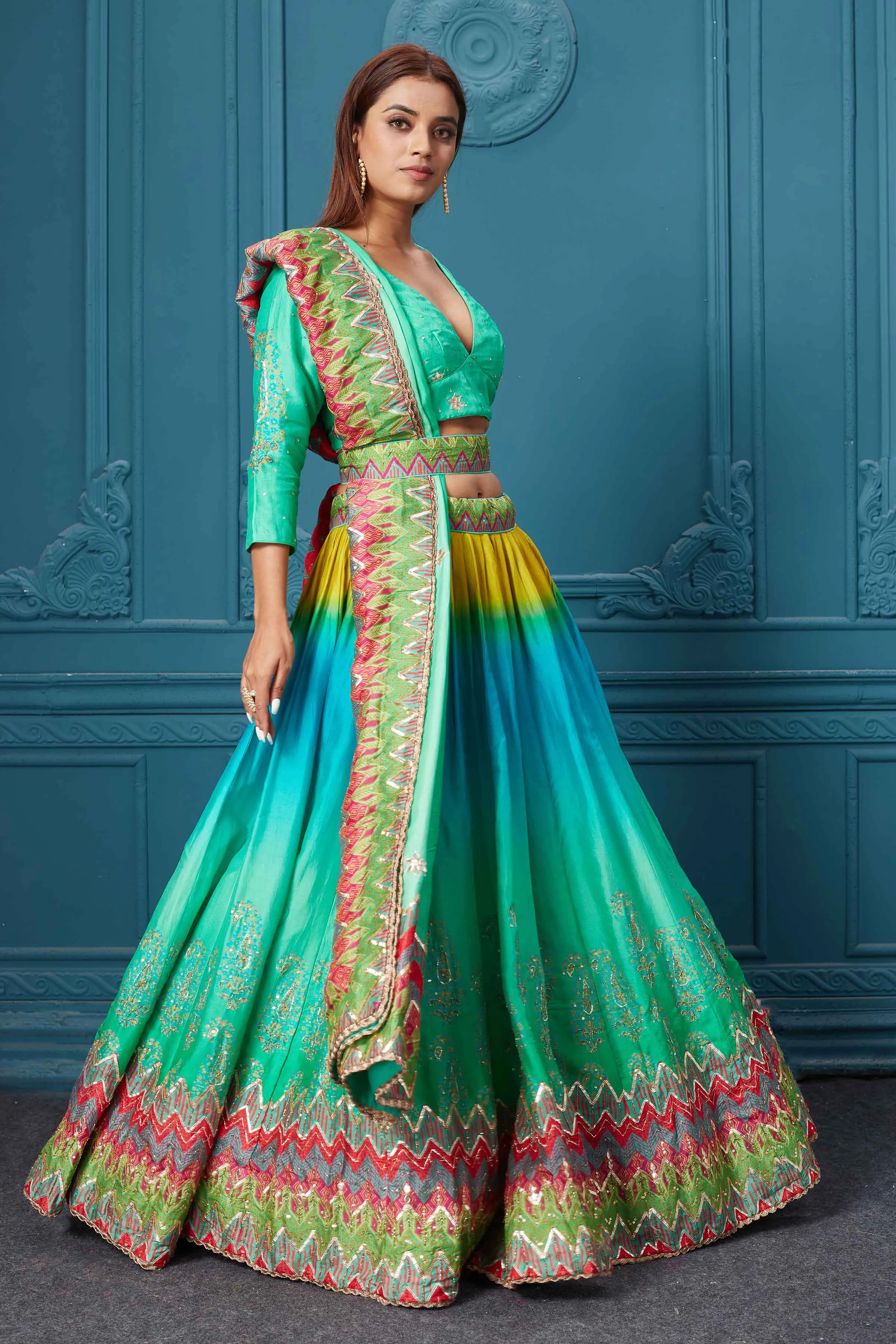 310035 Blue Multicolored Embroidered Lehenga with Belt