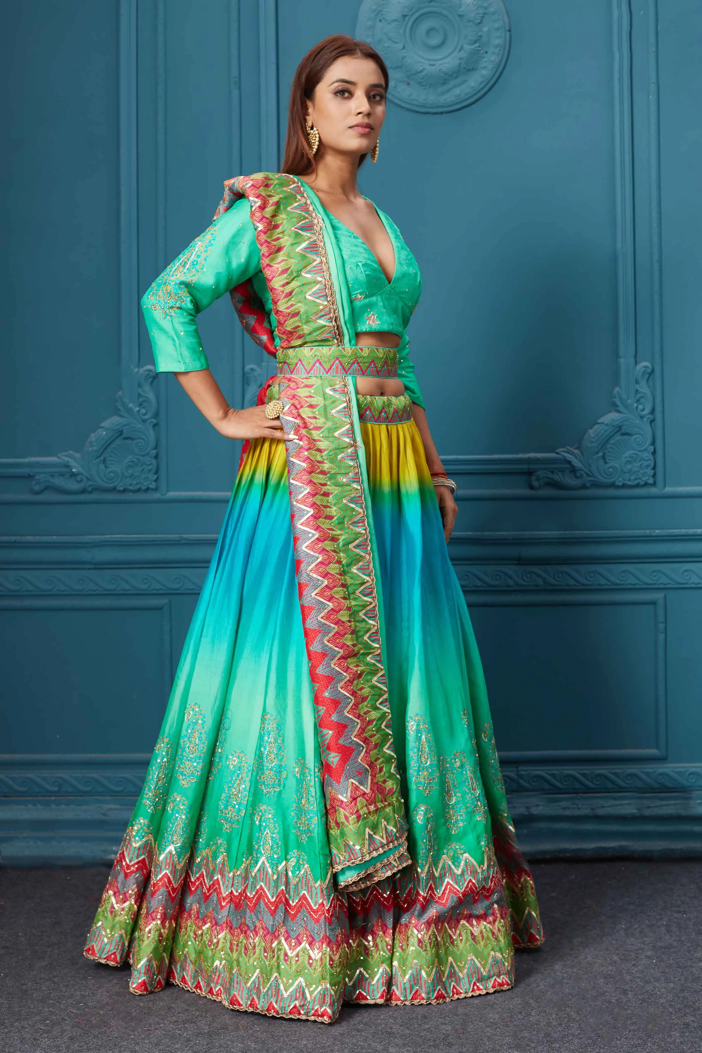 310035 Blue Multicolored Embroidered Lehenga with Belt