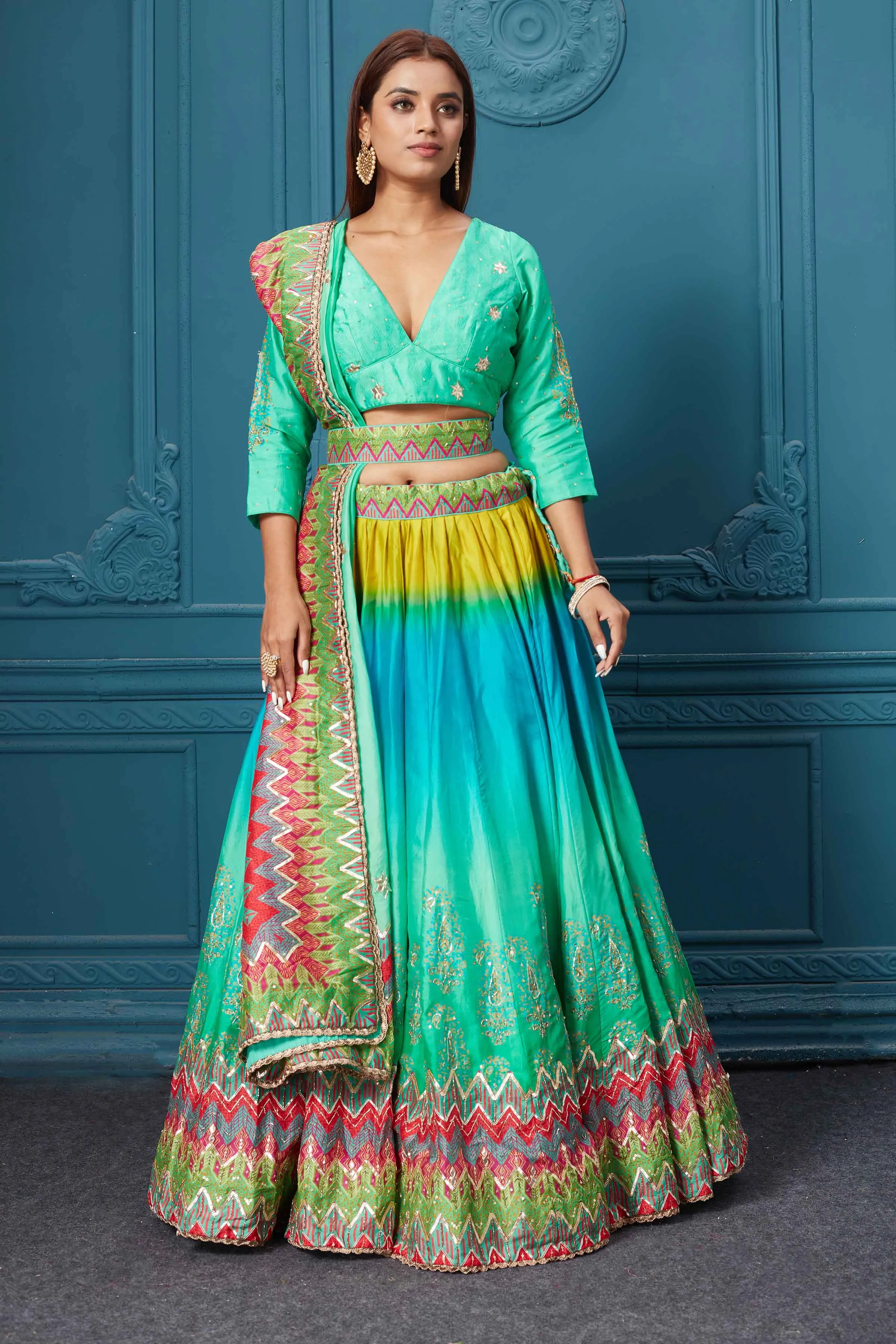 310035 Blue Multicolored Embroidered Lehenga with Belt