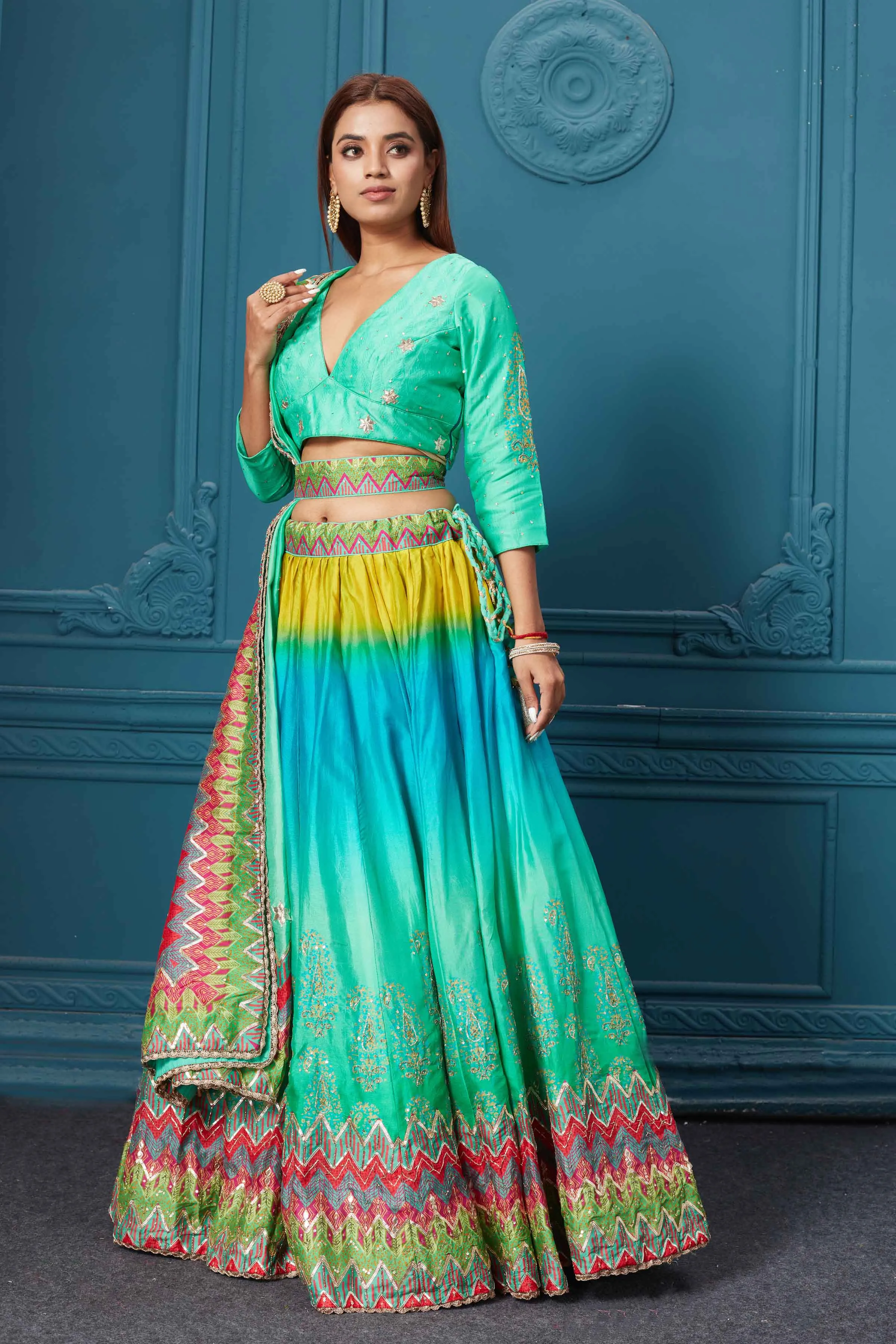 310035 Blue Multicolored Embroidered Lehenga with Belt