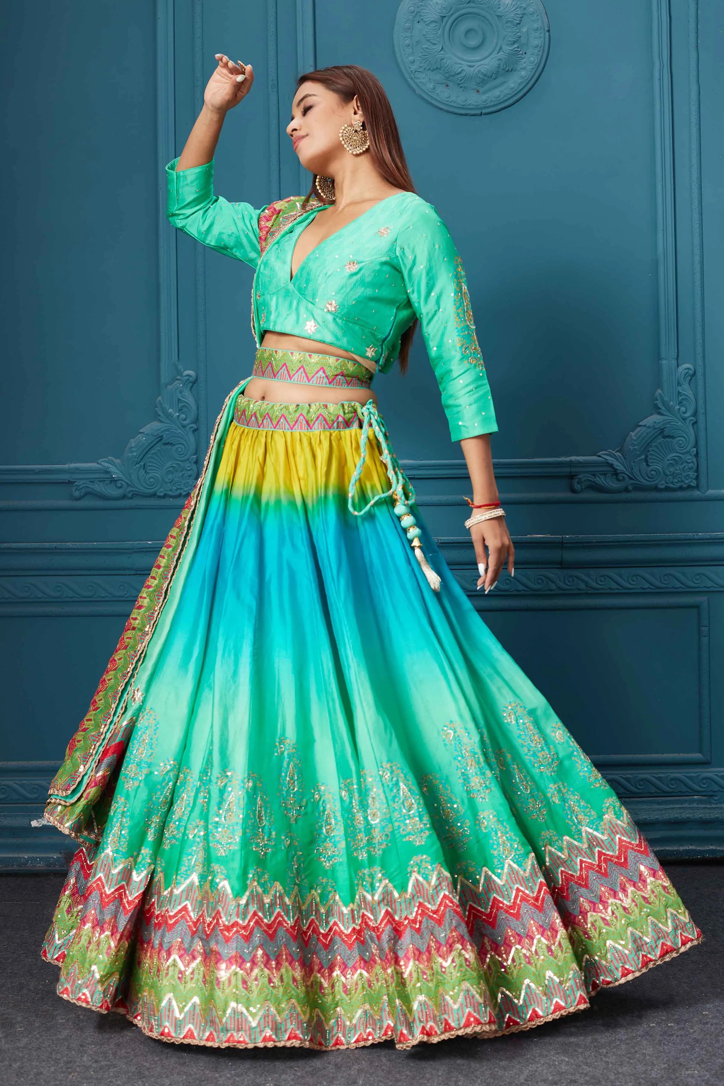 310035 Blue Multicolored Embroidered Lehenga with Belt