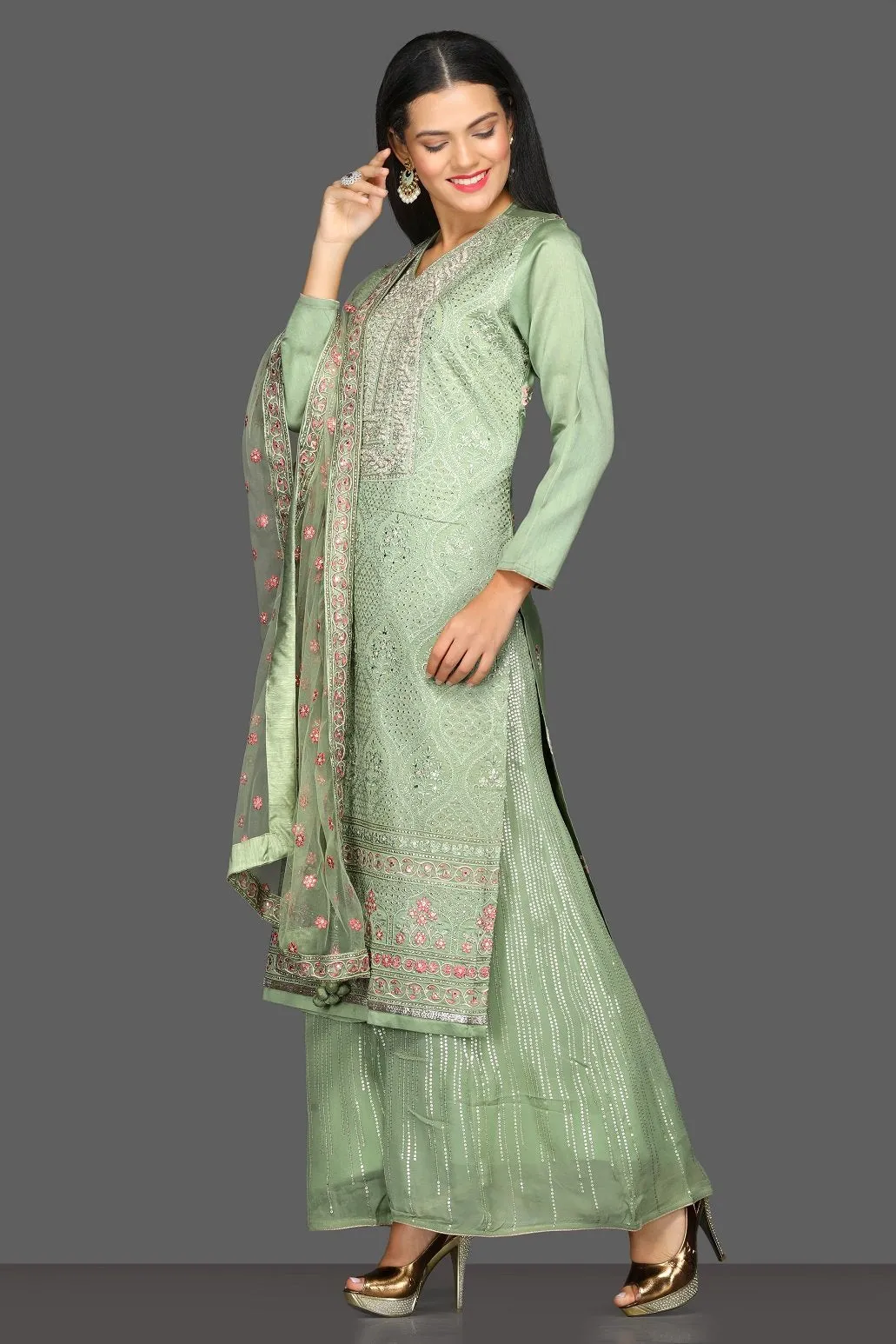 50Z104-RO Pista Green Embroidered Suit with Palazzo and Dupatta