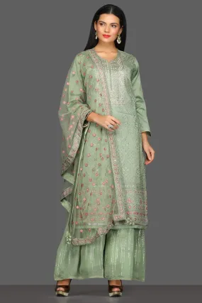 50Z104-RO Pista Green Embroidered Suit with Palazzo and Dupatta