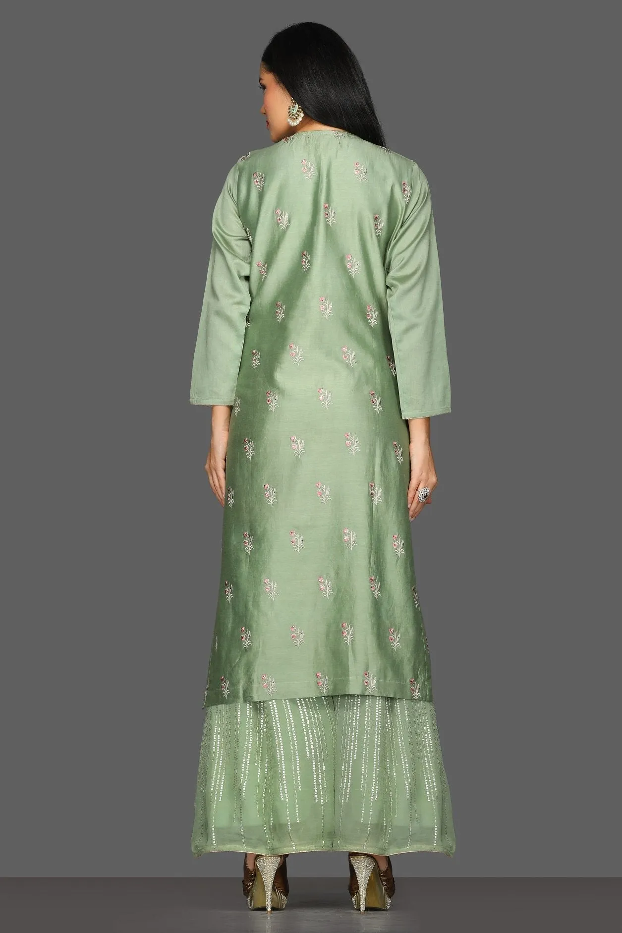 50Z104-RO Pista Green Embroidered Suit with Palazzo and Dupatta