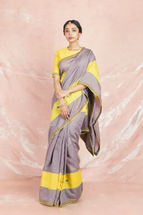 90Z073-NRO Grey and Yellow Handloom Saree with Saree Blouse