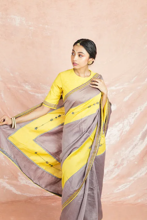 90Z073-NRO Grey and Yellow Handloom Saree with Saree Blouse