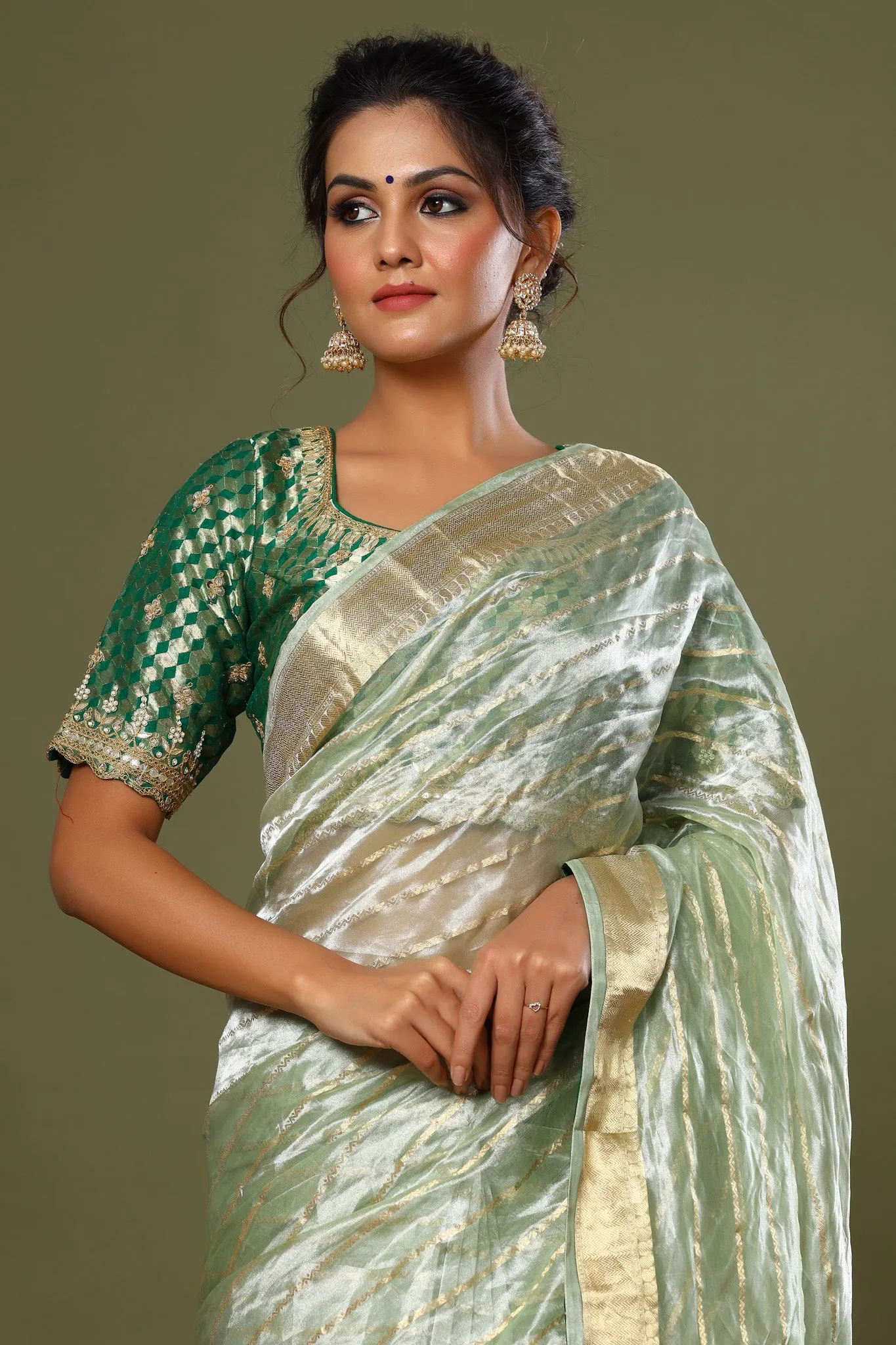 90Z538-RO Green Striped Tissue Silk Saree with Saree Blouse