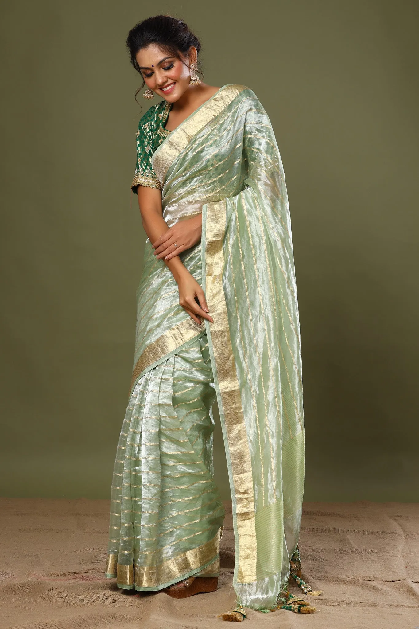 90Z538-RO Green Striped Tissue Silk Saree with Saree Blouse