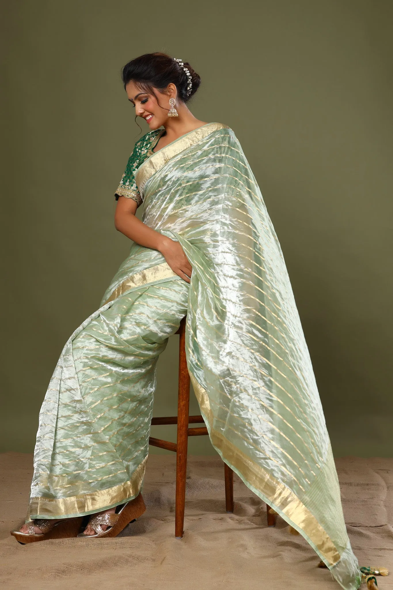 90Z538-RO Green Striped Tissue Silk Saree with Saree Blouse