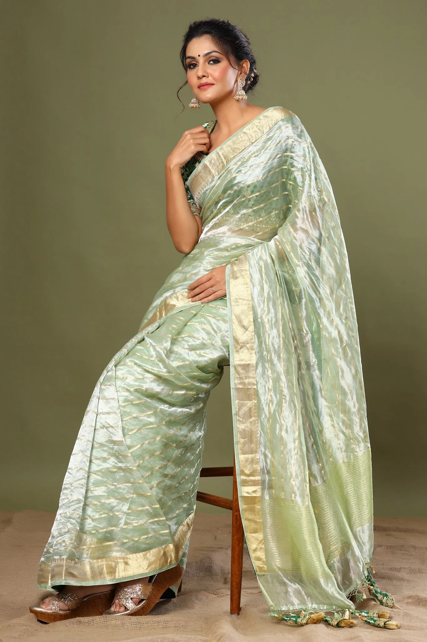 90Z538-RO Green Striped Tissue Silk Saree with Saree Blouse