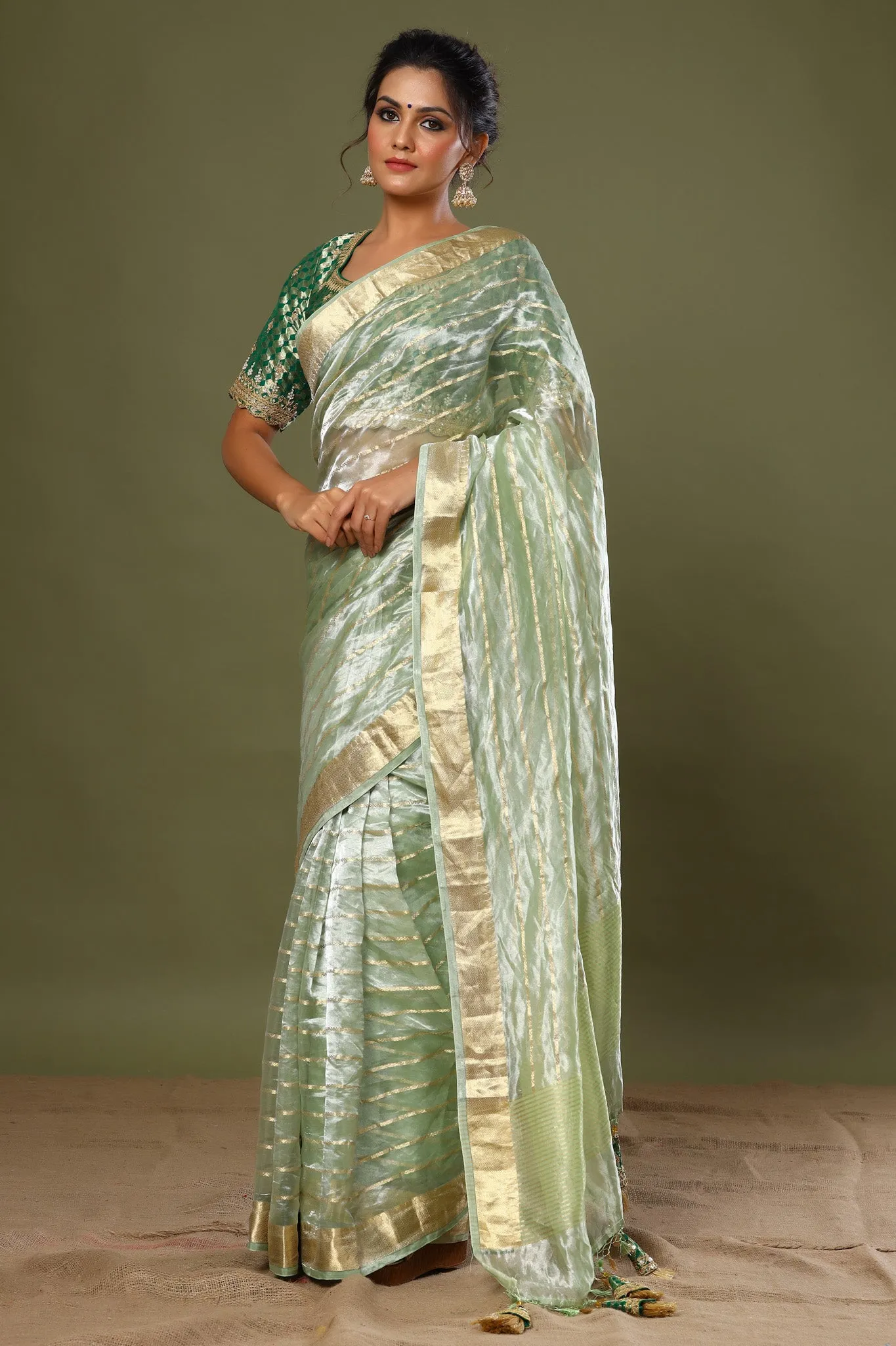 90Z538-RO Green Striped Tissue Silk Saree with Saree Blouse