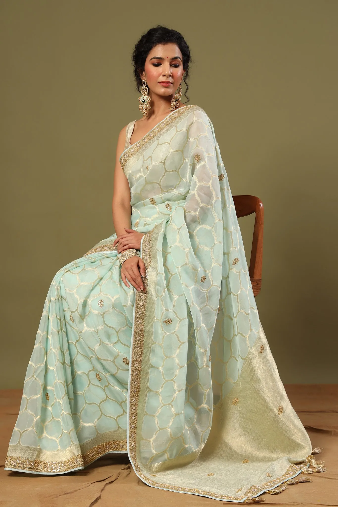 90Z544-RO Mint Green Embroidered Organza Saree with Zari Jaal