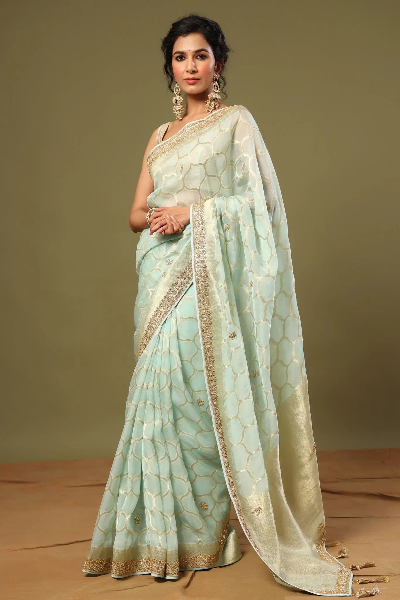 90Z544-RO Mint Green Embroidered Organza Saree with Zari Jaal