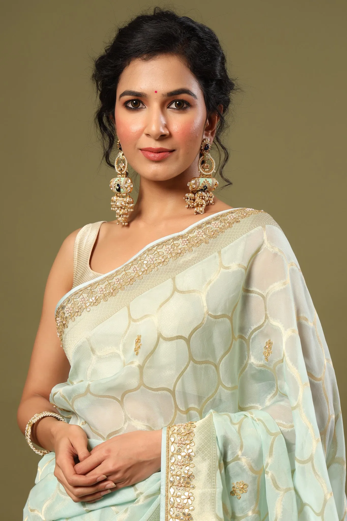 90Z544-RO Mint Green Embroidered Organza Saree with Zari Jaal