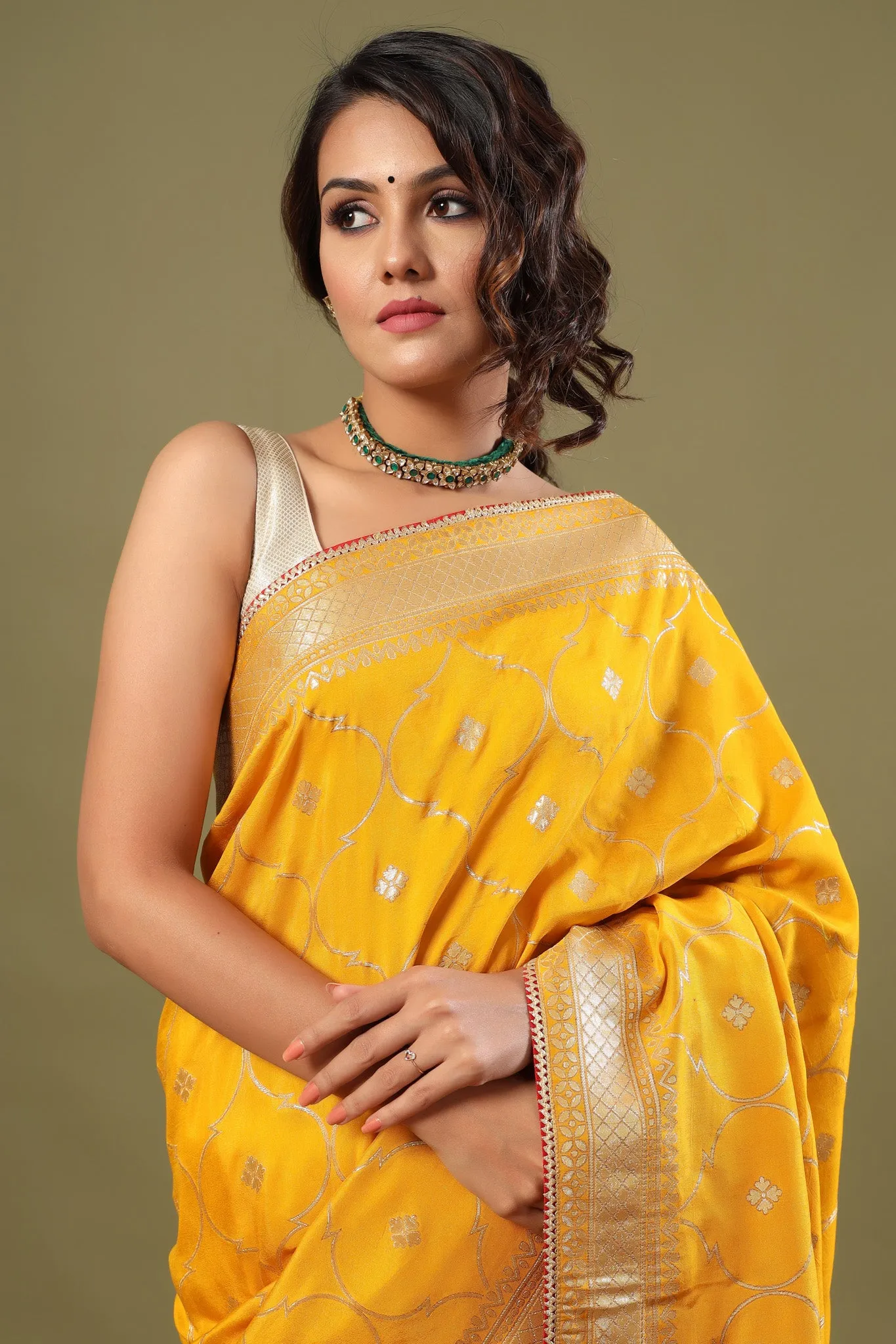 90Z566-RO Mango Yellow Banarasi Saree with Zari Jaal