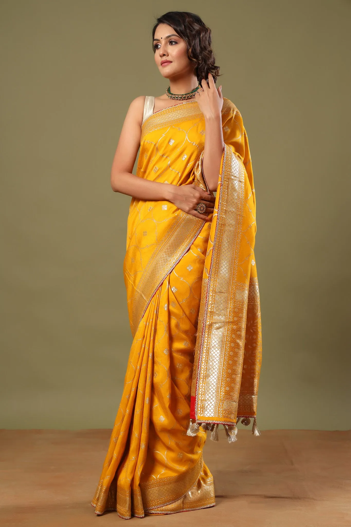 90Z566-RO Mango Yellow Banarasi Saree with Zari Jaal