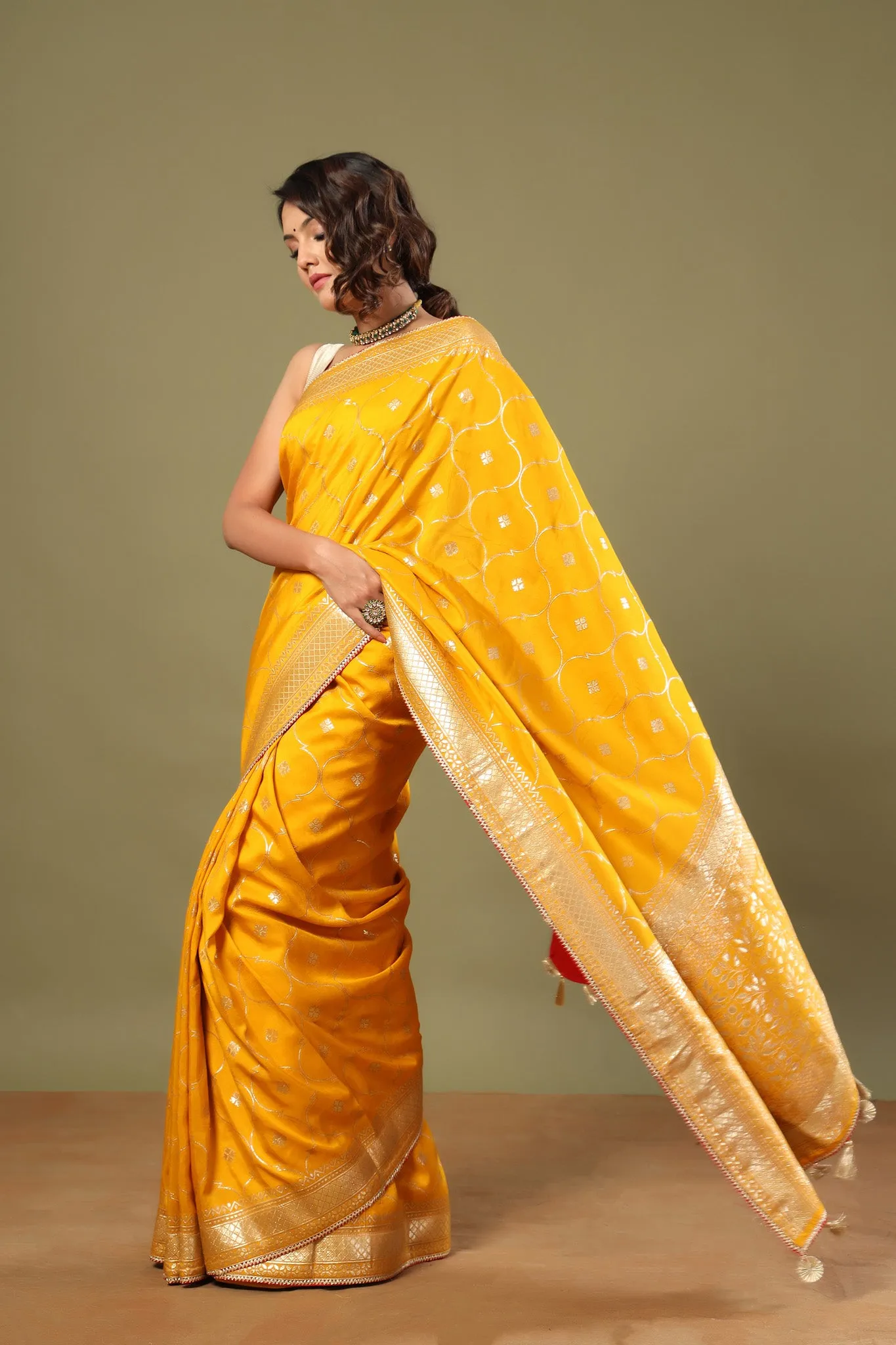 90Z566-RO Mango Yellow Banarasi Saree with Zari Jaal