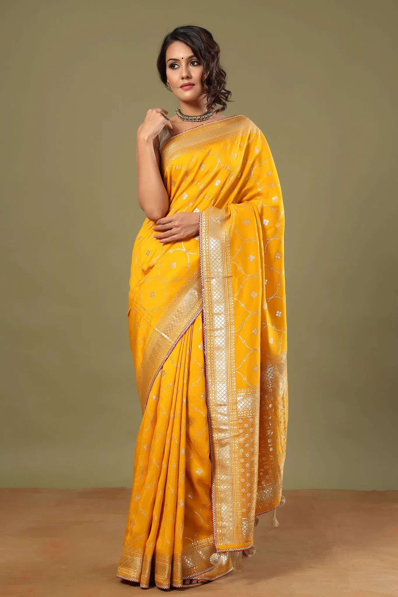 90Z566-RO Mango Yellow Banarasi Saree with Zari Jaal