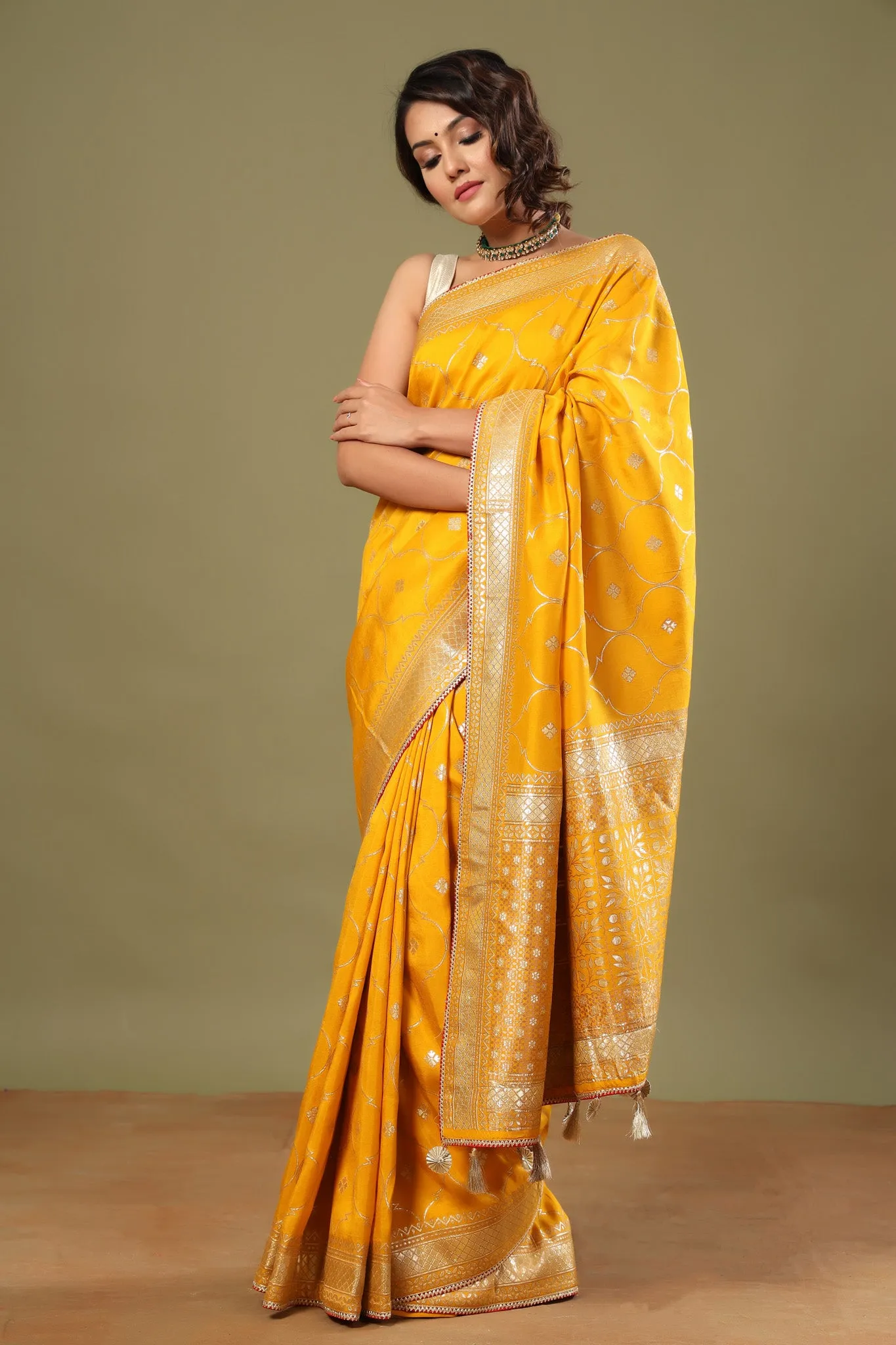 90Z566-RO Mango Yellow Banarasi Saree with Zari Jaal