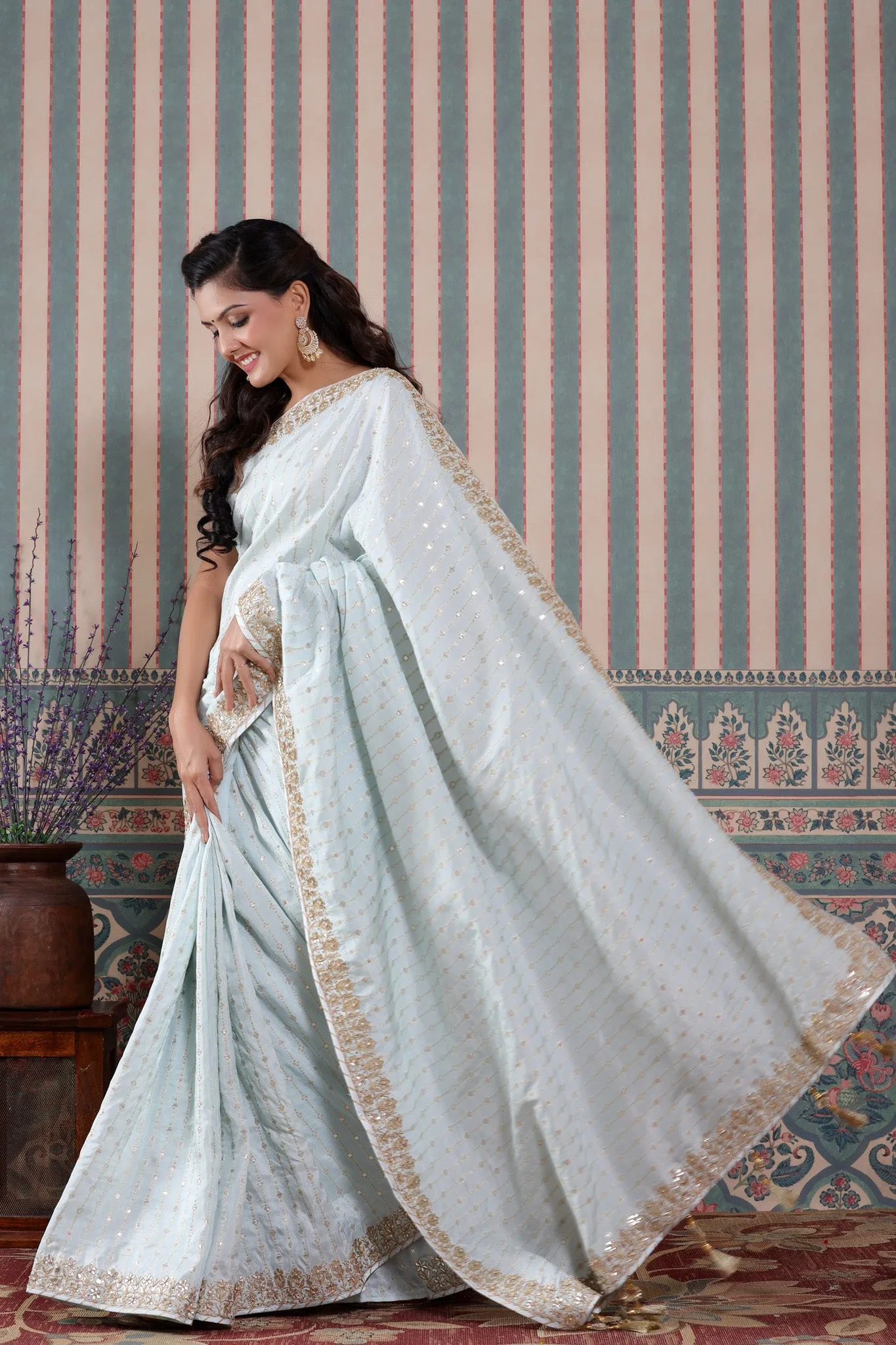 90Z586-NRO Powder Blue Organza Silk Sari with Embroidered Border