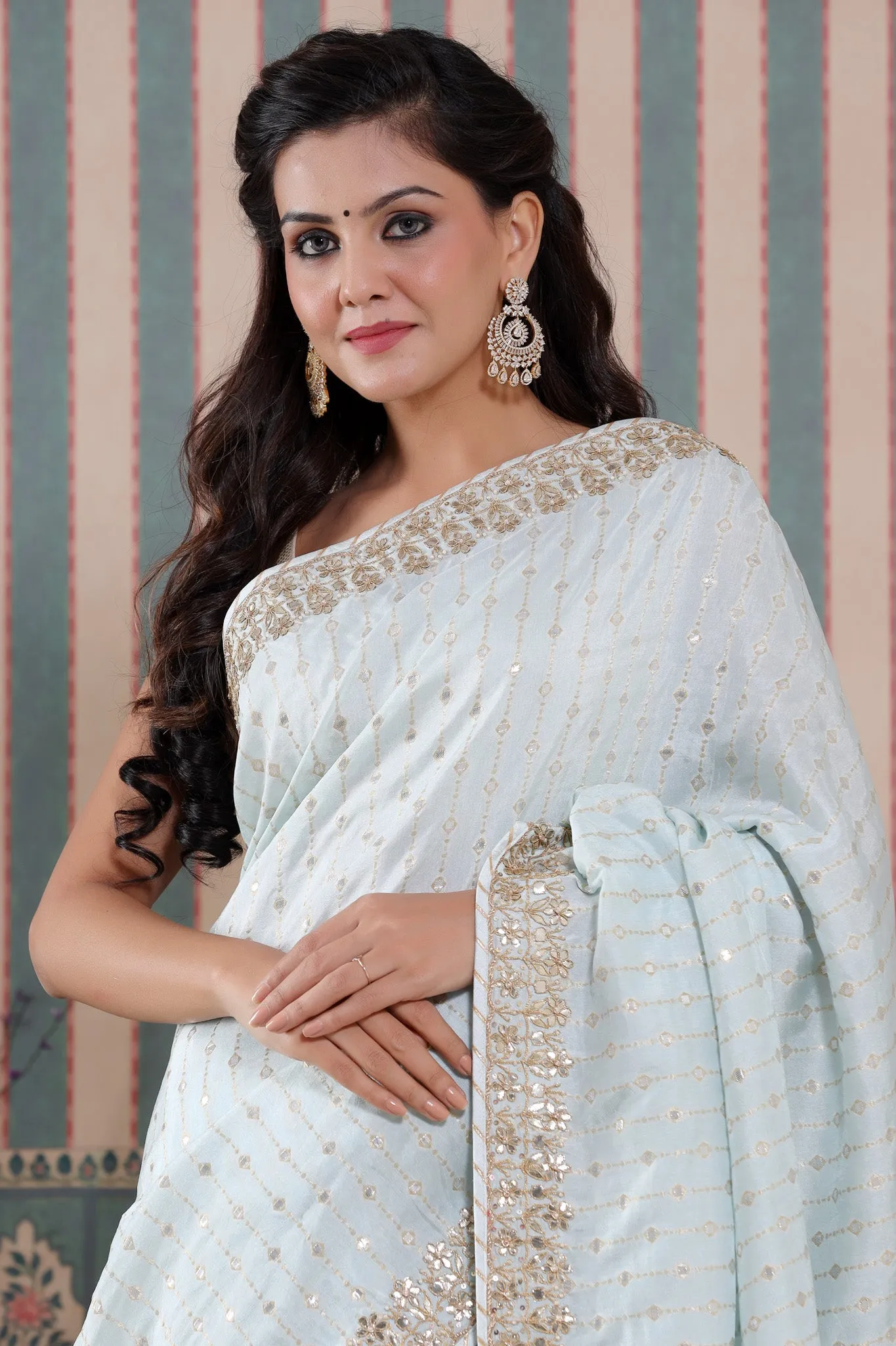 90Z586-NRO Powder Blue Organza Silk Sari with Embroidered Border