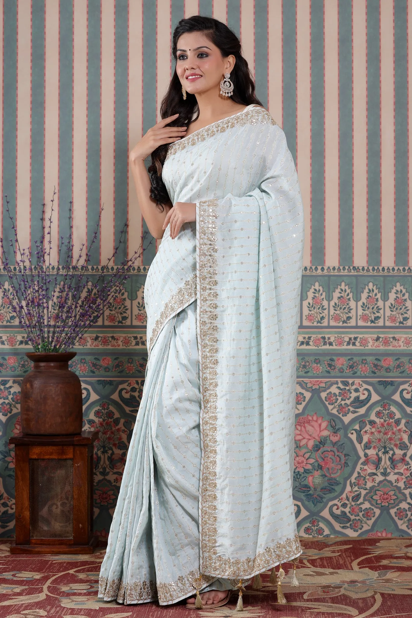 90Z586-NRO Powder Blue Organza Silk Sari with Embroidered Border