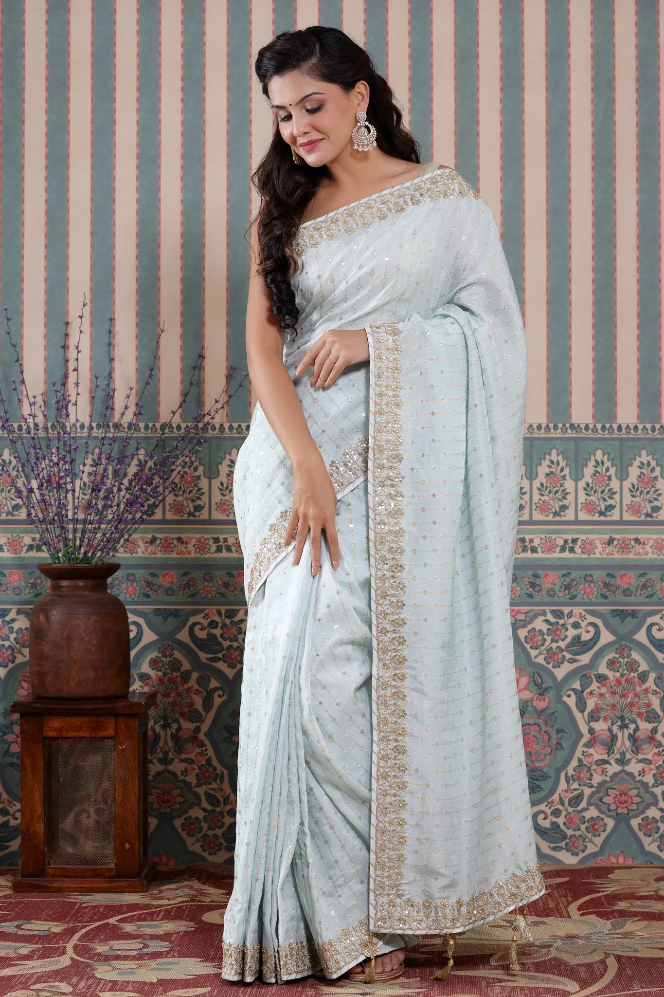 90Z586-NRO Powder Blue Organza Silk Sari with Embroidered Border