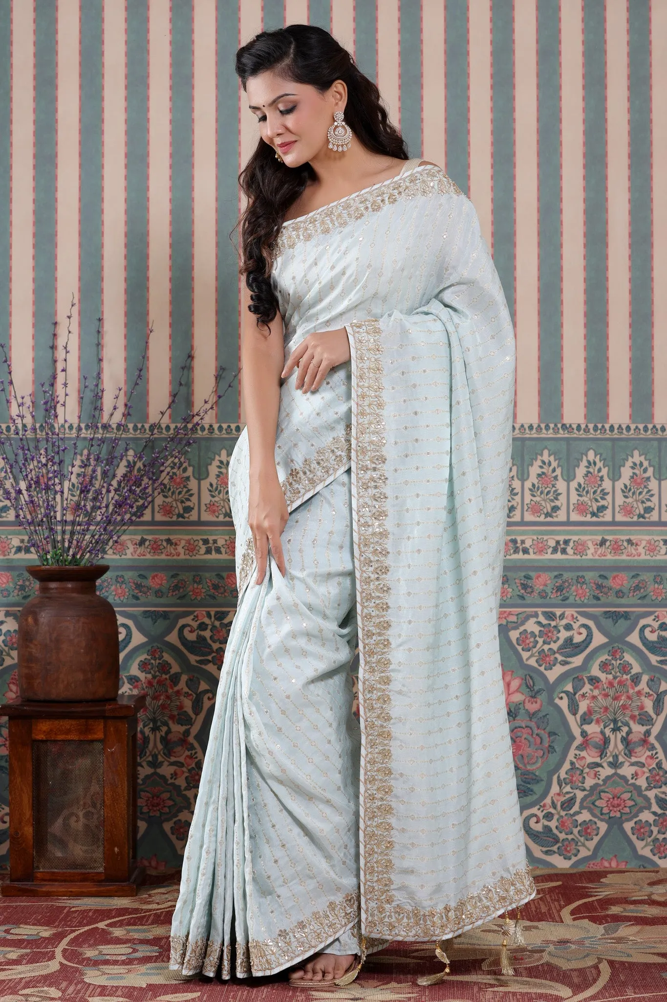 90Z586-NRO Powder Blue Organza Silk Sari with Embroidered Border