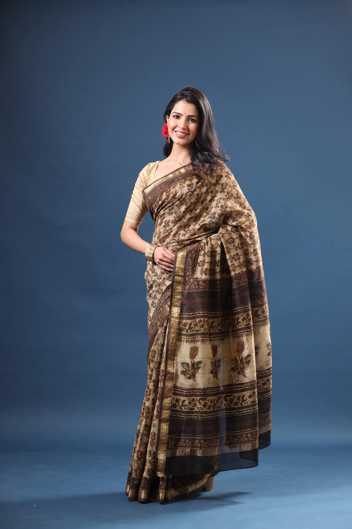 90Z613-RO Beige Brown Printed Tussar Silk Sari with Zari Border