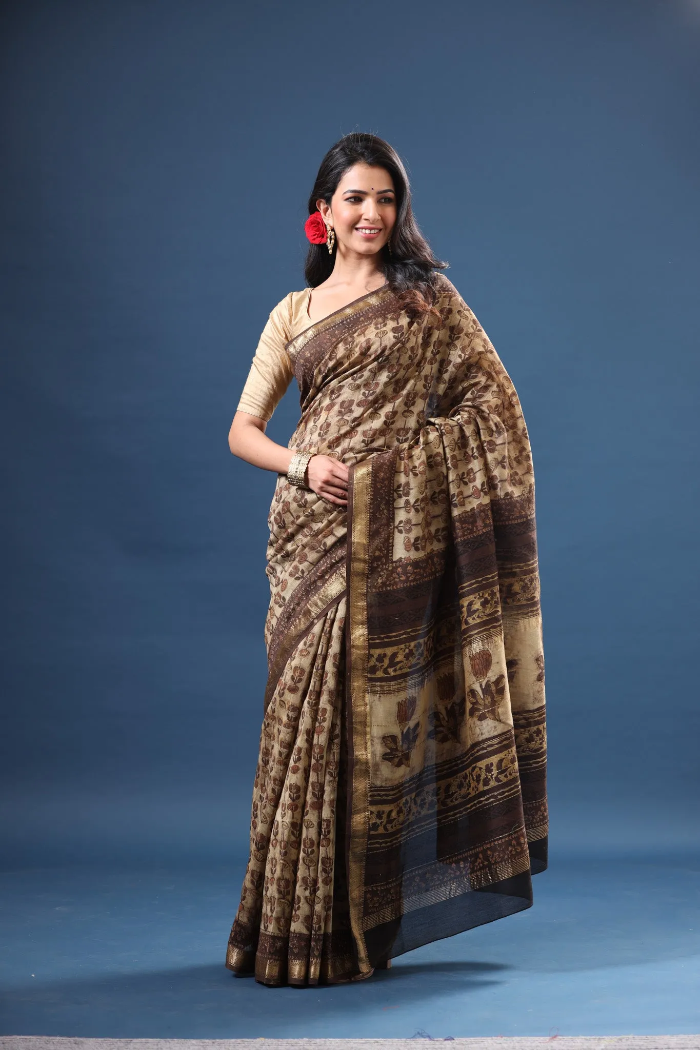 90Z613-RO Beige Brown Printed Tussar Silk Sari with Zari Border