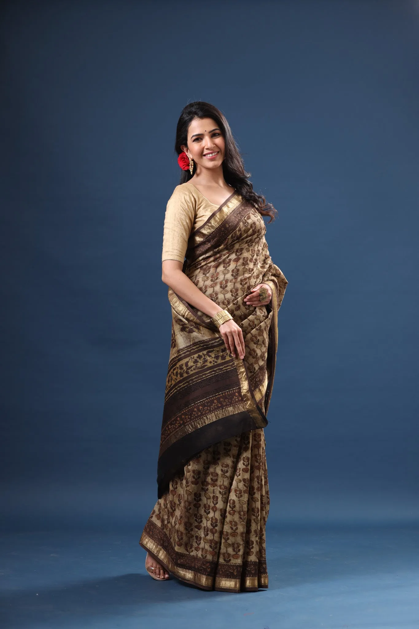 90Z613-RO Beige Brown Printed Tussar Silk Sari with Zari Border