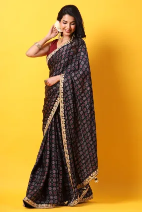 90Z641-RO Black Printed Georgette Saree with Lace Border